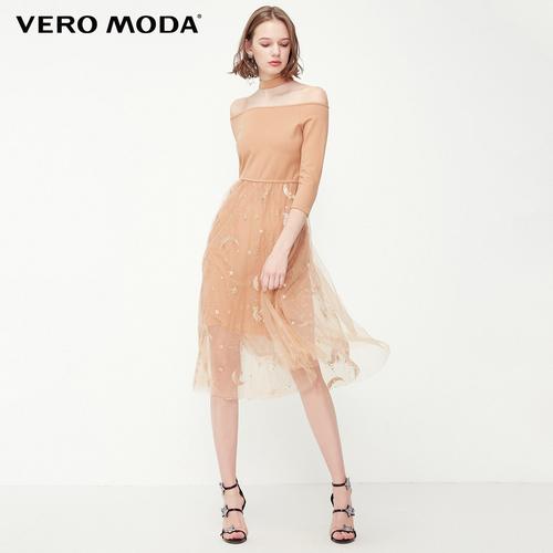 绫致veromoda2020新款女士一字肩拼接亮片纱裙连衣裙