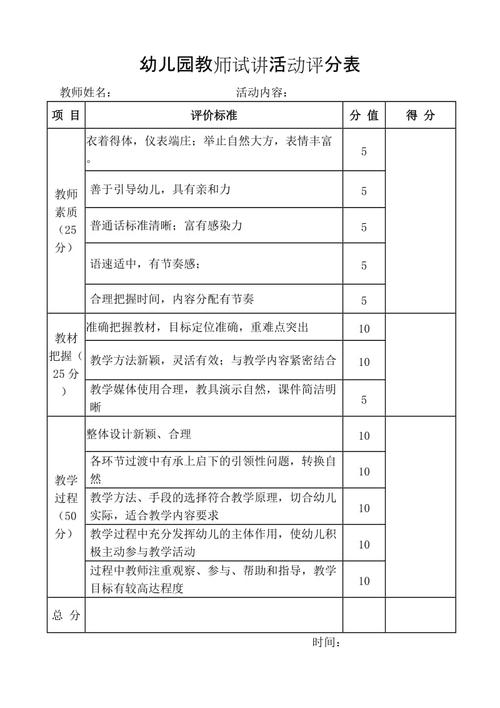 幼儿园教师试讲活动评分表