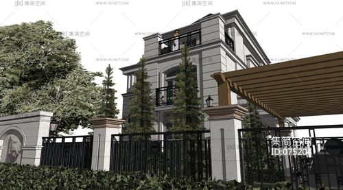 欧式法式独栋别墅,景观庭院,院墙廊架su草图模型下载