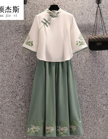 汉服改良刺绣旗袍上衣复古棉麻茶服套装女hh套装白色上衣绿色半身裙xl
