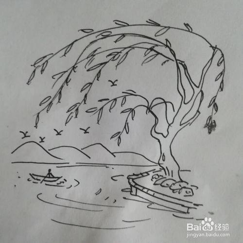 春风吹动的柳树的简笔画风景