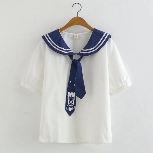 yq7730夏季新款韩版时尚学院风美少女领带海军领短袖衬衫女上衣