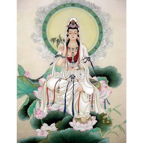 新款南海白衣观音画像净瓶 观世音菩萨佛像佛教结7缘画 绸 卷轴挂