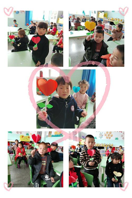3月8日鲁沙尔镇南门幼儿园中班"三八妇女节"手工活动——《爱心花束》