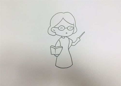 往下画出身体与双手动作,一手拿着书本,一手拿着教棍,给老师涂上肤色