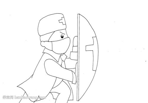 1,首先画出一位医生,戴着口罩,面向右侧,手里拿着一个防护盾牌