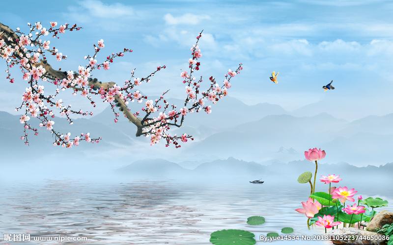 大型唯美桃花荷花山水画背景墙图片