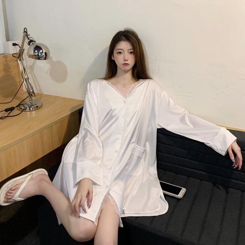 蕾丝情愫极度性感白衬衫胖mm感冰丝真丝触感睡自营白色s码建议8090斤