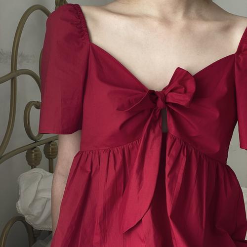 购客喵吉 复古法式v领蝴蝶结红裙渡假裙高腰短款 红色连衣裙娃娃裙女