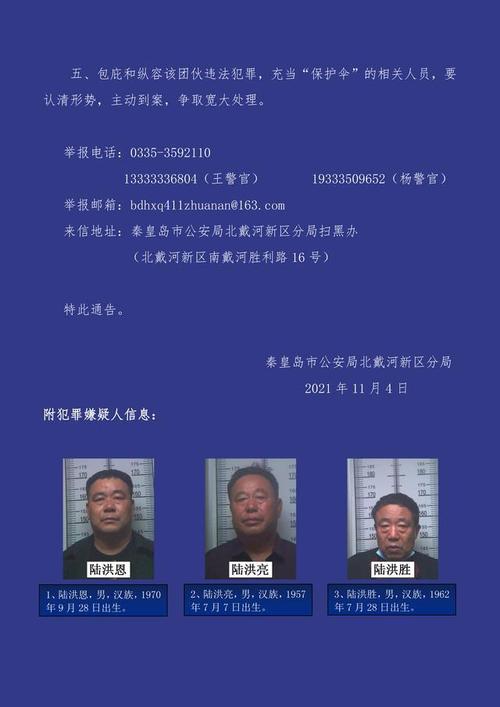 秦皇岛市公安局北戴河新区分局关于公开征集陆洪恩等人涉黑团伙成员