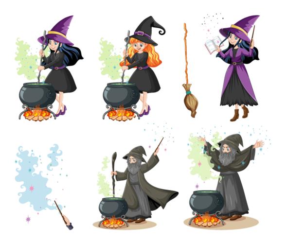 炼制毒药的巫师和女巫矢量素材(eps/png)