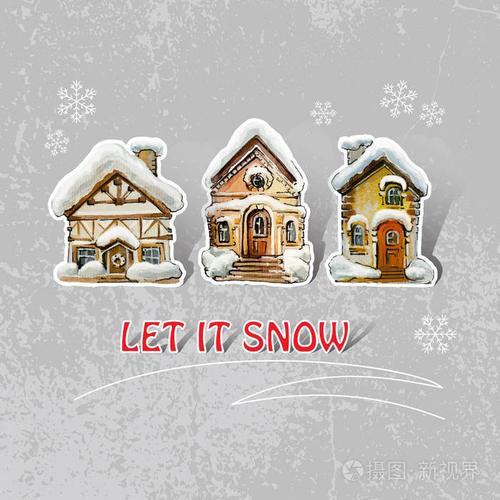 圣诞贺卡上有白雪覆盖的房子和灰色背景上的雪花. 让它下雪吧.
