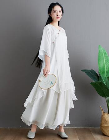 禅舞服女飘逸中式复古禅修服中国风白色连衣裙禅意改良汉服文艺宽松