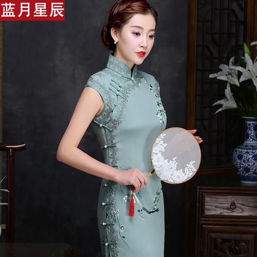 [lanyuexingchen服饰旗舰店] 高档真丝长旗袍裙复古开襟中式优雅气质