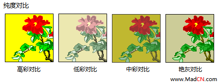 艳灰对比,同一画面中,主体是最艳的高纯度色,其他色组由接近无彩色的