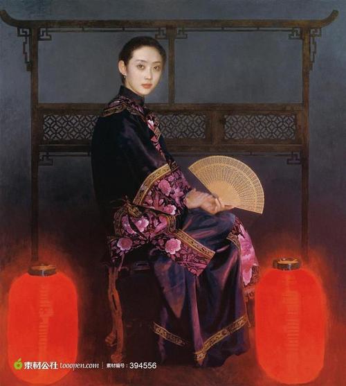 油画手持折扇的古典美女