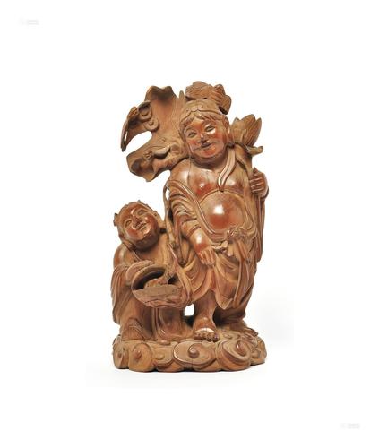 0902 清 黄杨木巧雕和合二仙