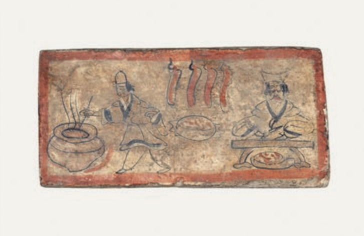 "烤肉煮肉图"壁画砖,魏晋,嘉峪关市魏晋1号墓出土.