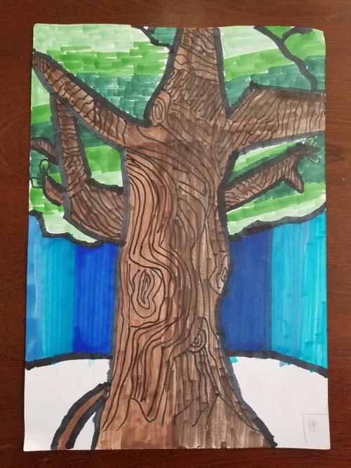 本节课学习了古柏树的画法,用线条表现了树皮上的纹理和树的高大.