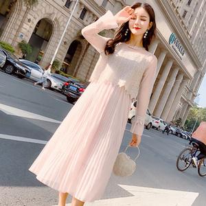 网纱百褶裙子女2019春秋冬季新款仙女长裙很仙的蕾丝连衣裙中长款