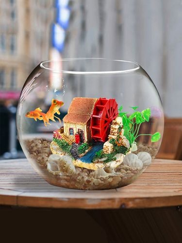 桌面小鱼缸玻璃 迷你型生态鱼缸造景 养金鱼小型热带鱼 圆形鱼缸