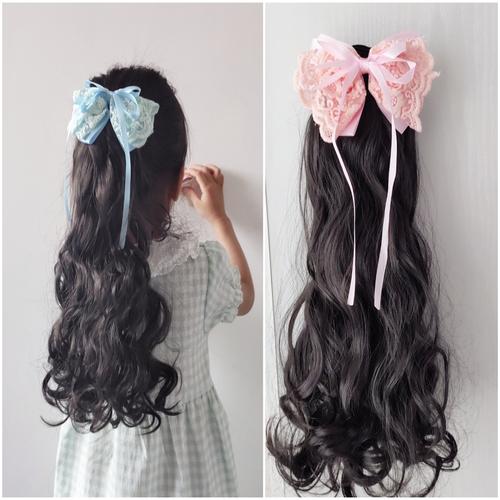 产品:儿童假发片女孩仿真马尾长卷发头饰宝宝蝴蝶结古装风汉服舞蹈