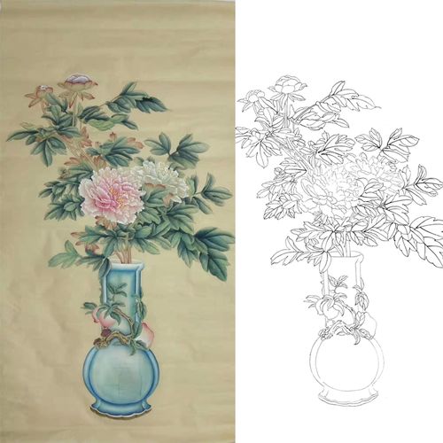 69 家居饰品 69 国画 69 工笔画白描打印底稿清代竖幅花瓶牡丹