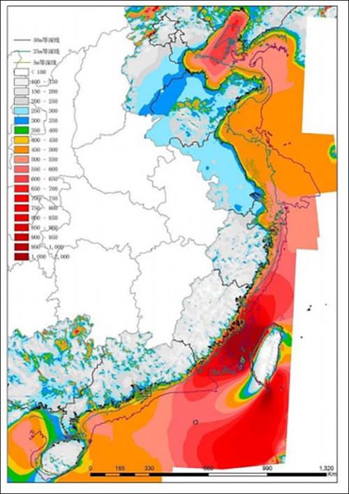 中国近海5~20米水深的海域内,100米高度年平均风功率密度分布