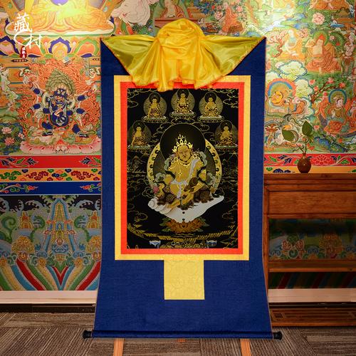 藏村黄财神黑卡唐卡西藏镀金装饰画