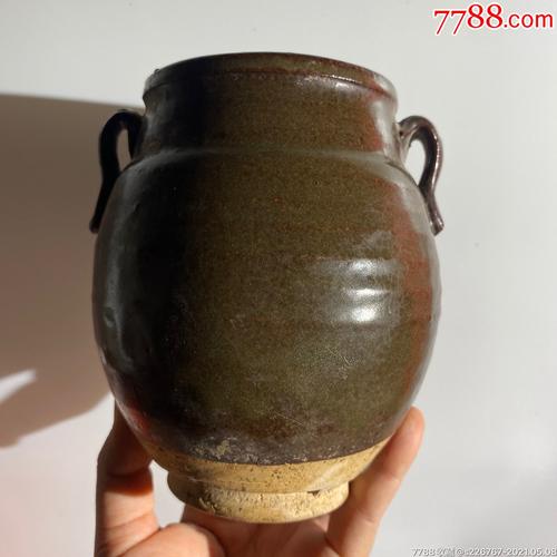 古玩陶瓷宋代酱釉双系耳陶罐