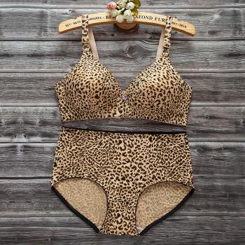 浪莎无钢圈印花内衣大码中年女性妈妈豹纹内裤文胸套装女式女士舒适