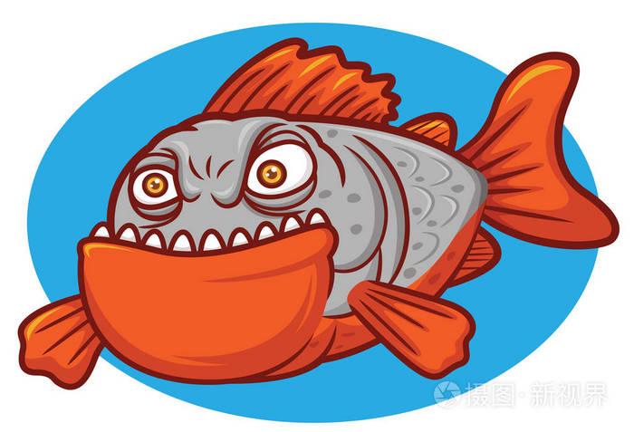 野生食人鱼鱼卡通人物在圆形的蓝色背景