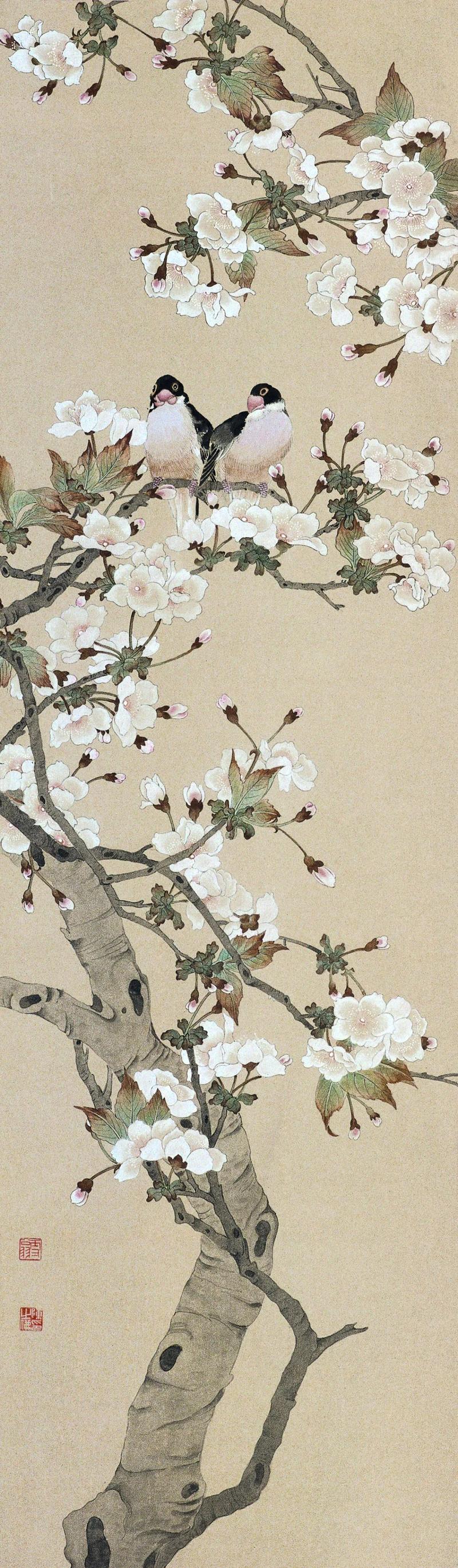 《樱花小鸟》 陈之佛&nbsp;中国画 110.8x32.3cm 1959年 中国美术馆藏