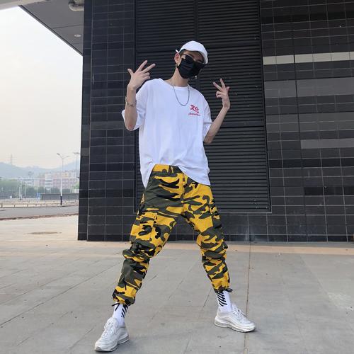 送袜子 欧美高街迷彩裤抽绳束脚工装吴亦凡同款ins网