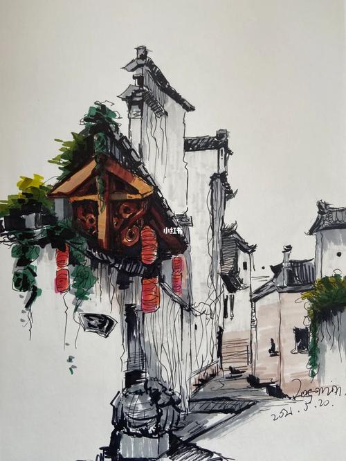 徽派建筑_建筑_临摹_马克笔_人文_绘画