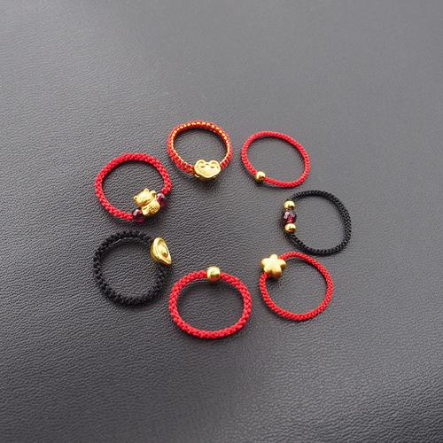 黄金转运珠编绳戒指女本命年小金豆红绳金珠指环石榴石足金小星星