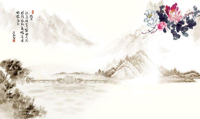 国画山水画牡丹花中式电视背景墙