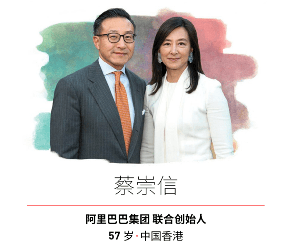 具体来看,在榜单中,蔡崇信吴明华夫妇上榜,蔡崇信是阿里巴巴联合创始