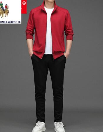 经典休闲运动套装男士棉宽松卫衣男装中年爸爸跑步服装两件套红色4xl