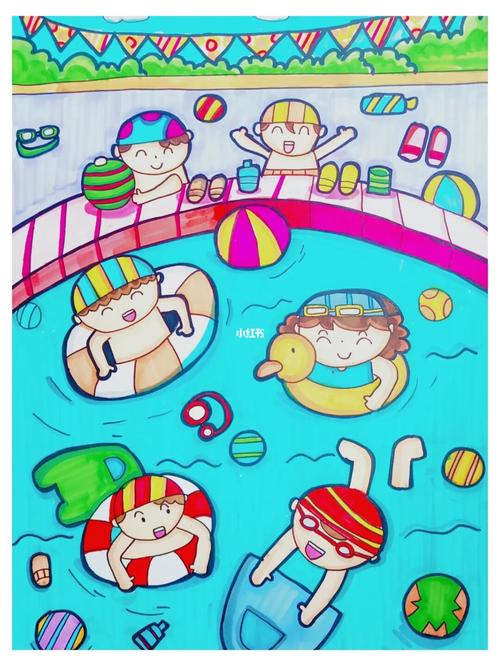 泳池嬉水 可爱儿童画_游泳池_儿童画_文化_绘画