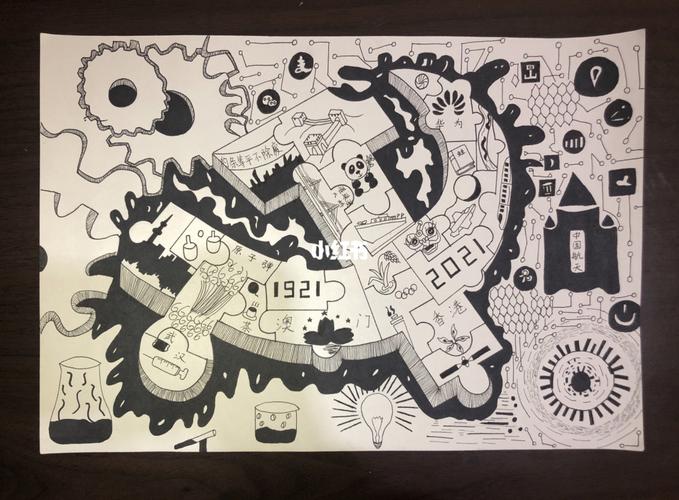 建党一百周年纪念线描黑白画_线描_黑白画_文化_绘画