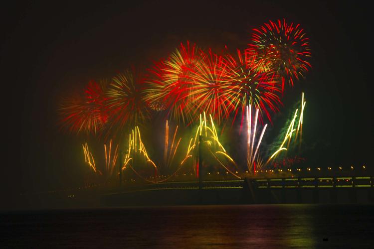今年我是在星海公园海岸, 由于烟花表演地点在星海湾跨海大桥中央