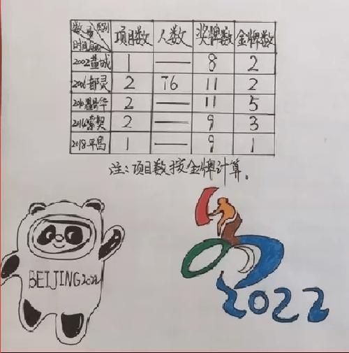 表格梳理出中国参加冬奥会的时间,项目,人数,奖牌数等,并且用复式统计