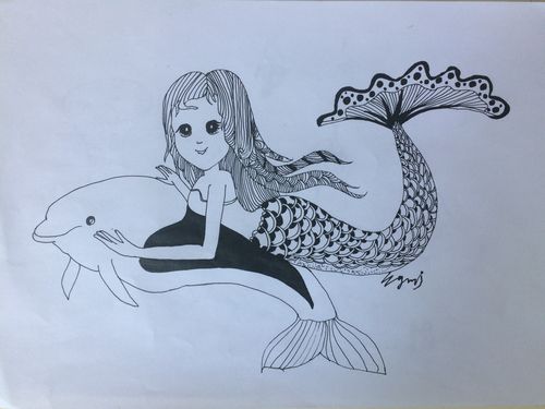 美人鱼黑白线描装饰画