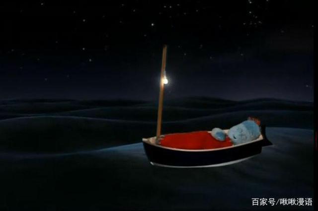 黑夜中,闪烁的繁星,墨水一般的大海上漂浮着一艘小船,船上一盏小灯