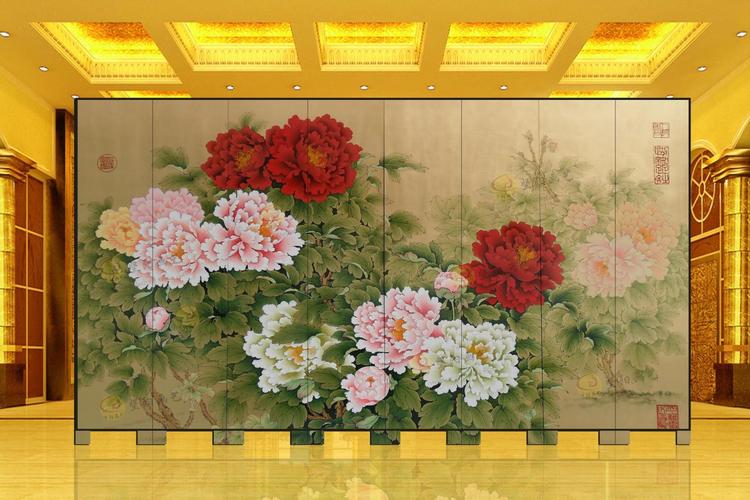坚阳高端手绘折屏中式古典屏风漆画客厅隔断背景墙金箔牡丹画h005