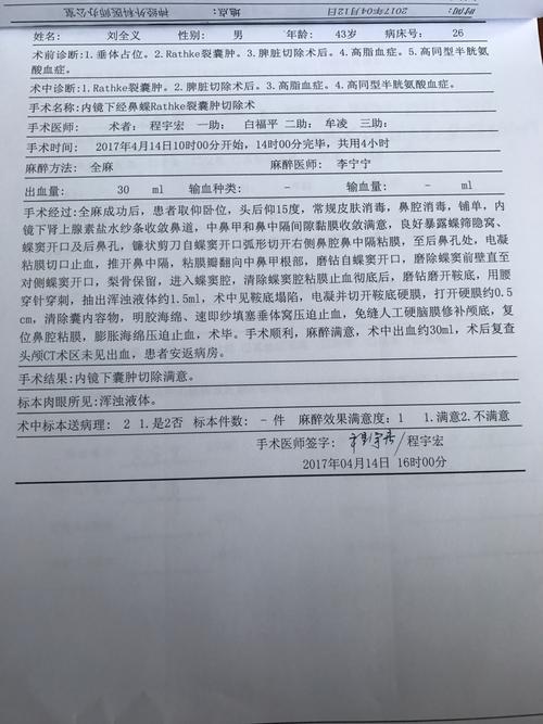 刘全义,男,43岁,鞍区占位,rathke裂囊肿