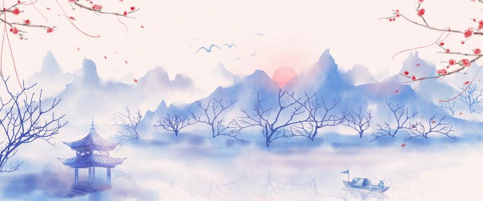 水彩画 中国风 梅花 绿色