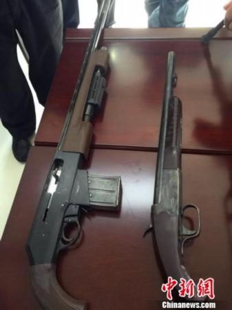 警方缴获的制式五连发1支,制式单管猎枪1支. 张鹏翔 摄