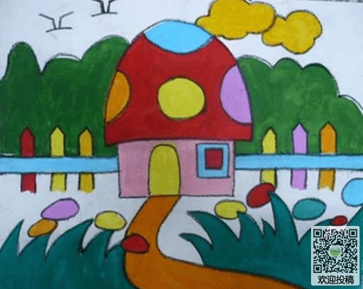 小学生蘑菇屋创意水彩画作品-森林里的蘑菇房子(6)